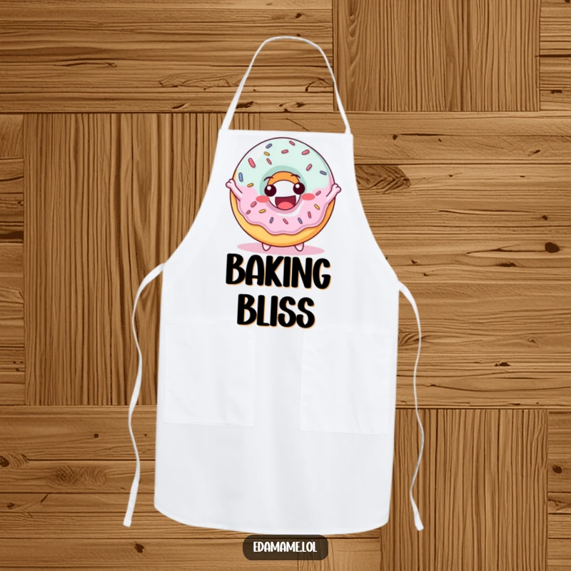 Funny apron with a delighted donut character covered in sprinkles, bouncing joyfully, perfect for bakers.