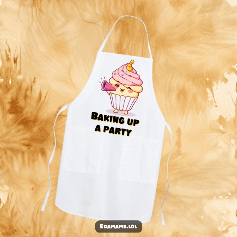Funny Cupcake Apron with a character blowing a party horn, perfect for chefs who love to cook and have fun.
