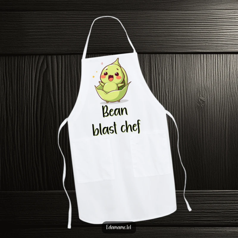 Funny edamame apron showing a surprised character launching from its pod, perfect for surprising cooking moments.