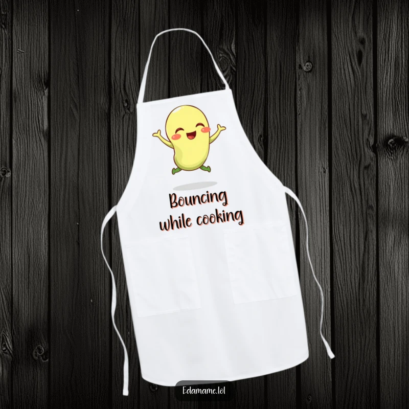 Funny apron featuring a giggling edamame bean in a dynamic, bouncy jump, perfect for kitchen fun and protection.