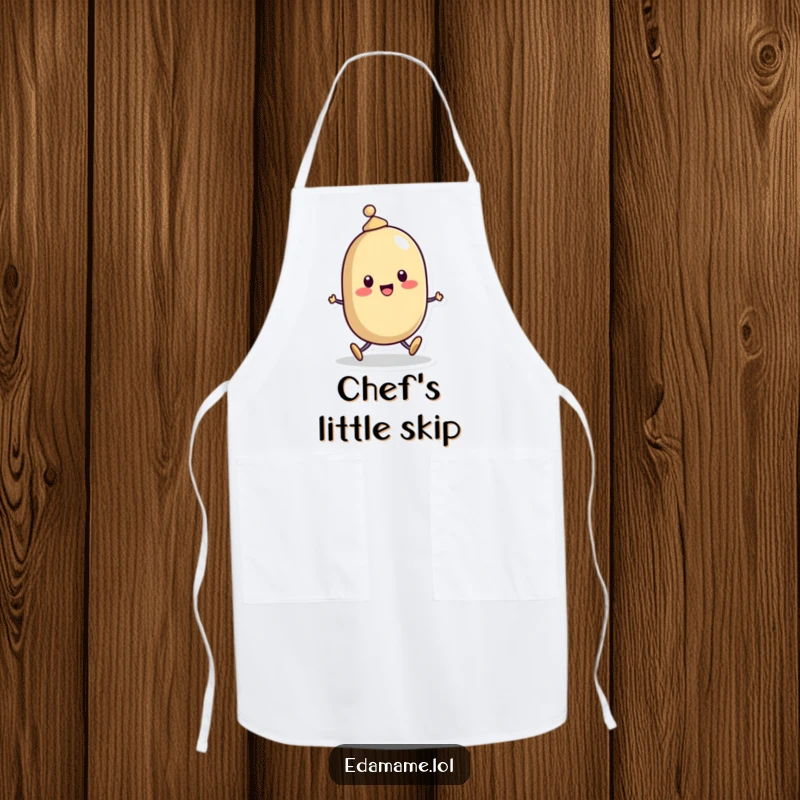 Funny Apron: A cheerful bean character with a tiny hat skipping along, adding a touch of humor and joy to kitchen tasks.