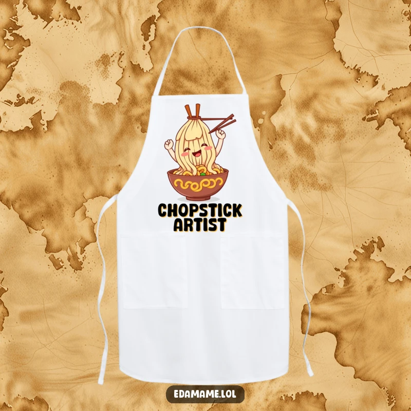 Funny ramen noodle apron, a smiling noodle character looping with chopsticks, fun kitchen wear.