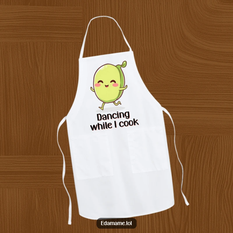 Funny smiling edamame pod with little legs happily skipping, on a funny apron, bringing cheerful energy to the kitchen.