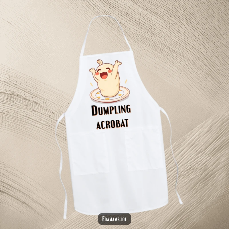 Funny Apron depicting a delighted dumpling performing a somersault on a plate, ideal for a fun cooking session.