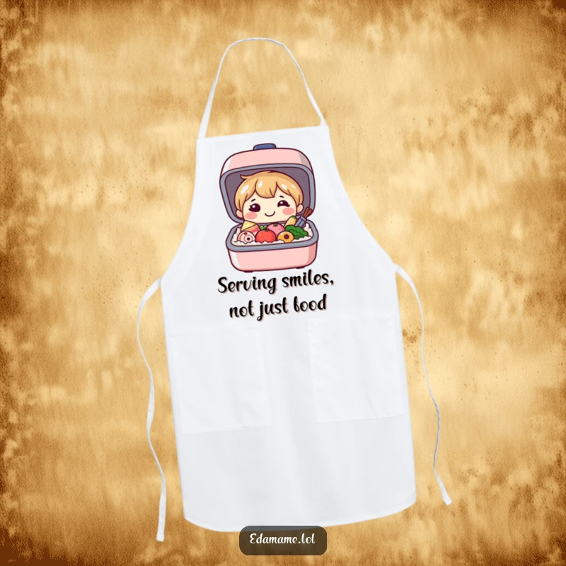 Funny apron featuring a smiling bento box character opening to reveal happy food, perfect for chefs who cook and joke with style.