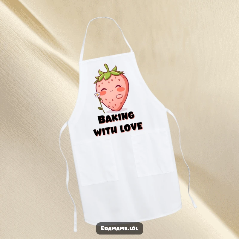 Funny Strawberry Apron: A charming apron featuring a blushing strawberry character offering a small flower, perfect for kitchen sweetness.