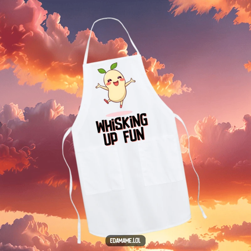 Funny apron showcasing an edamame bean in a cartwheel, adding a playful and energetic touch to cooking.