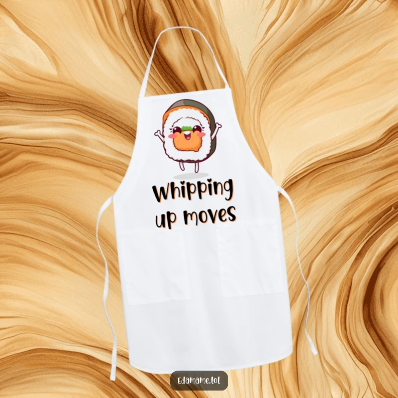 Funny apron depicting a cheerful sushi roll with a face dancing, adding a playful and protective element for culinary choreography.