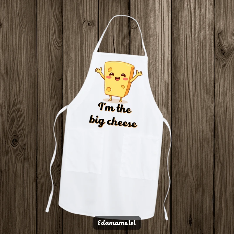 Funny chef apron featuring a smiling cheese wedge performing a silly jig, perfect for kitchen antics and laughter.
