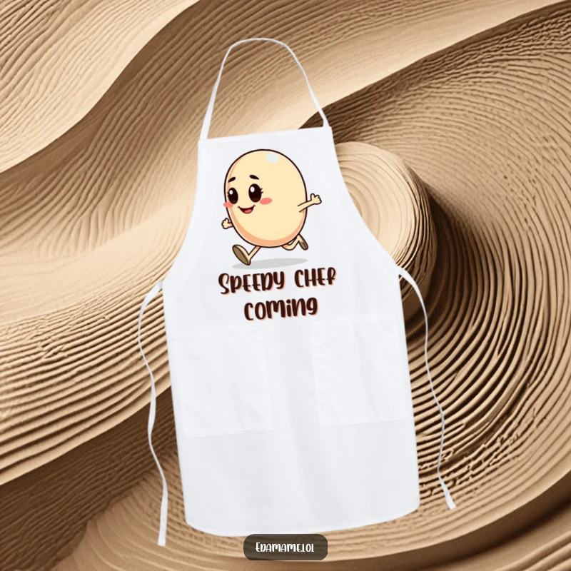 Funny apron showcasing a smiling bean character running determinedly, adding a playful, energetic touch to cooking attire.