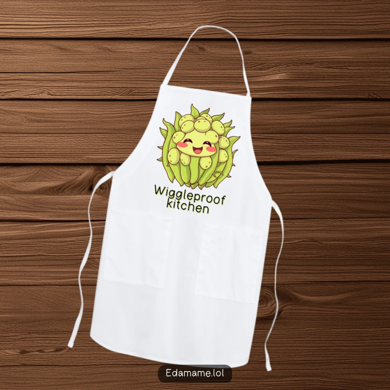 Funny edamame apron showing a smiling cluster of green beans wiggling with excitement, perfect for a humorous and practical kitchen accessory.