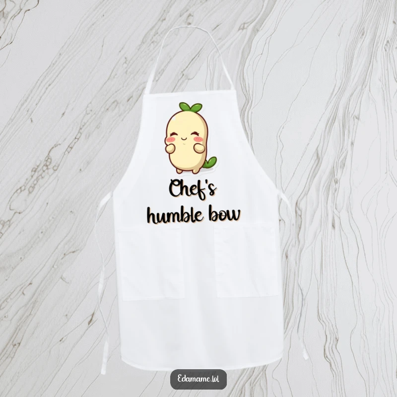 Funny smiling edamame bean doing a respectful bow on a kitchen apron. Chic and practical, perfect funny gift for cooks.