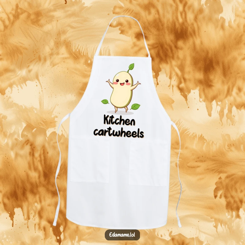 Funny apron with a smiling edamame bean doing a cartwheel, adding a humorous and dynamic element to kitchen wear.