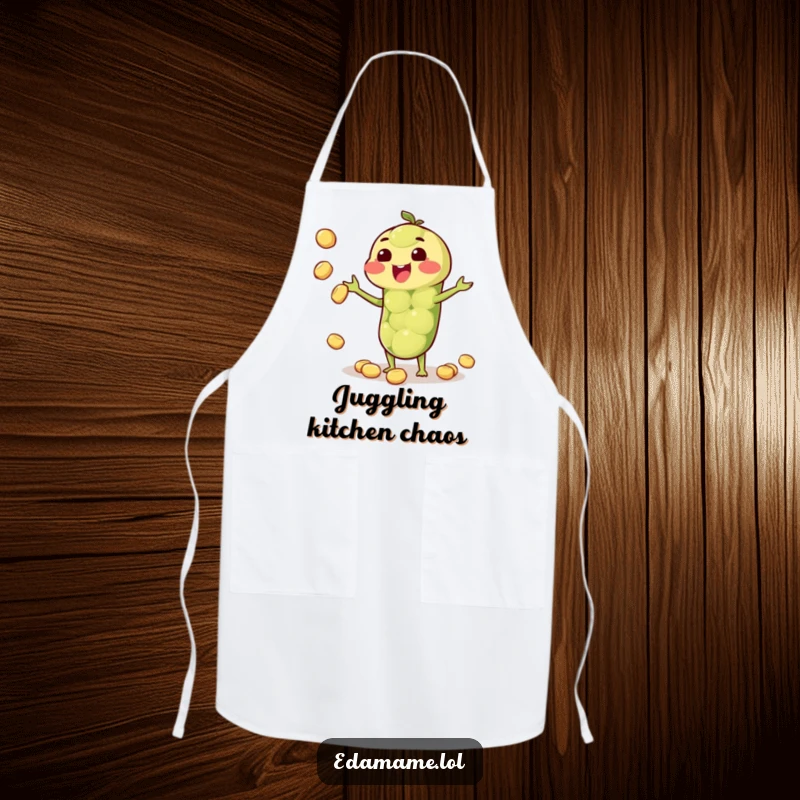 Funny apron designed with a happy anthropomorphic edamame pod juggling beans, perfect for kitchen adventures.