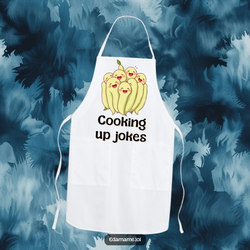Funny cluster of edamame beans laughing together heartily on a kitchen apron. Practical and cheerful, perfect funny gift for cooks.