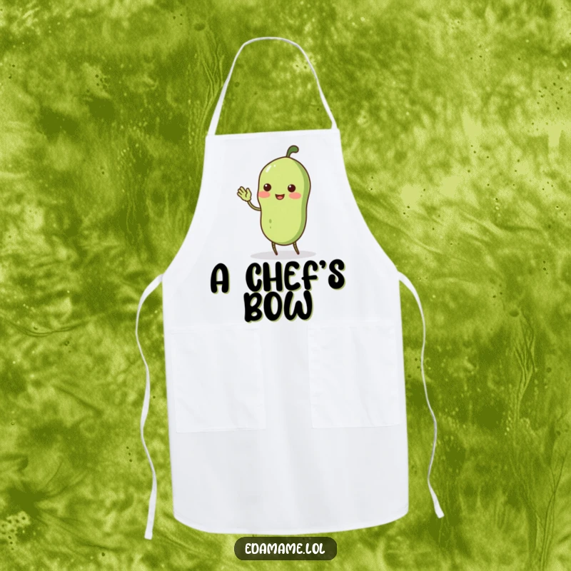 Funny wobbly edamame pod with stick legs doing a comical curtsey, on a funny apron, bringing quirky charm to the kitchen.