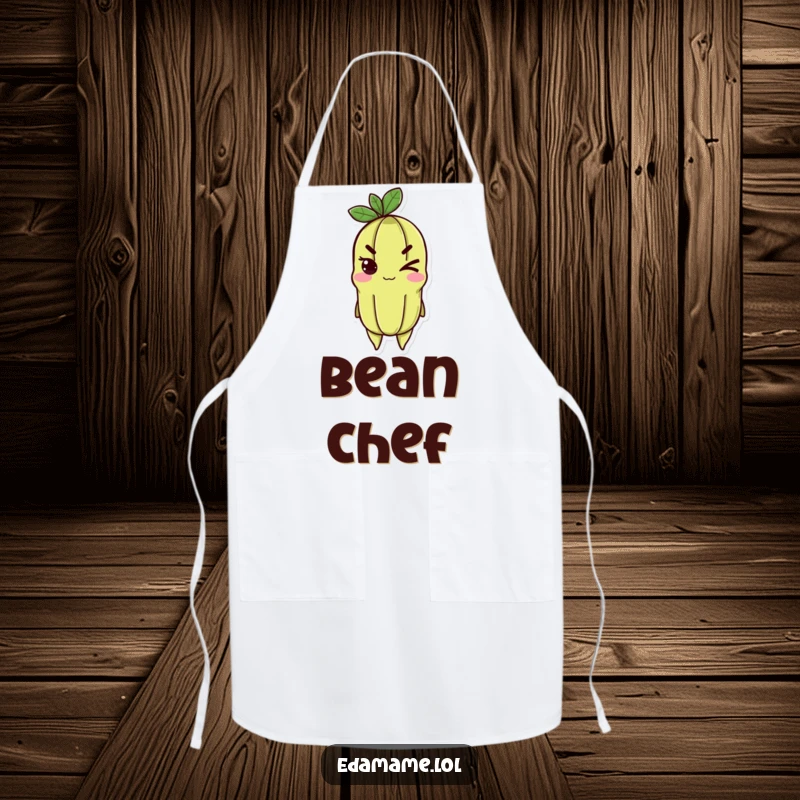 Funny edamame apron featuring a cheerful character giving a bold wink, perfect for kitchen confidence.