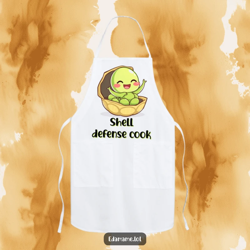 Funny edamame apron showing a giggling character leaping out of its shell, perfect for a fun cooking experience.