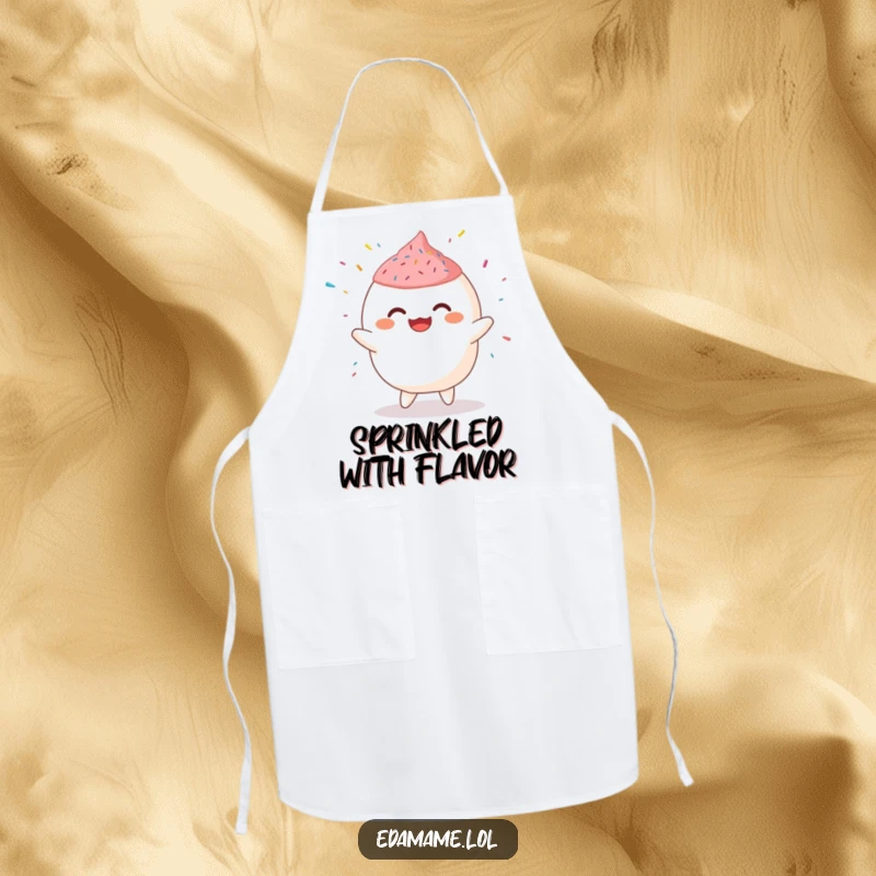 Funny Apron depicting a giggling mochi character doing a jig with sprinkles, ideal for a fun baking experience.