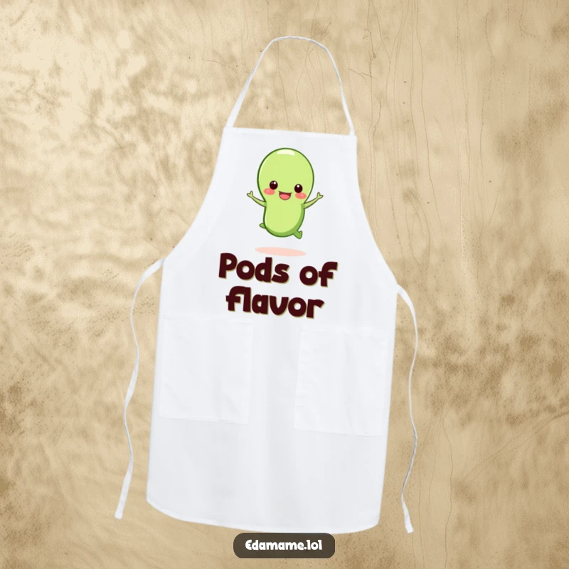 Funny happy edamame bean apron, an energetic edamame jumping from its pod, fun kitchen wear.