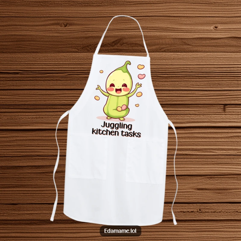 Funny apron designed with a happy edamame pod juggling beans, adding a playful and humorous touch to cooking wear.