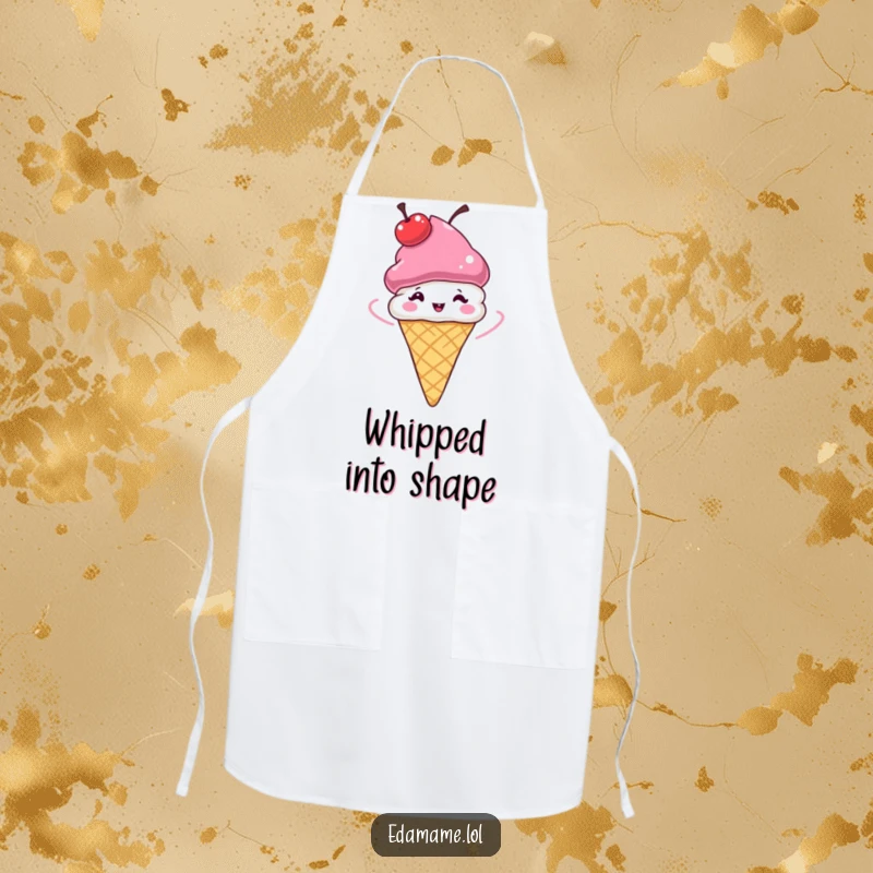 Funny Ice Cream Cone Apron with a cherry hat spinning, designed for kitchen fun and a humorous cooking experience.