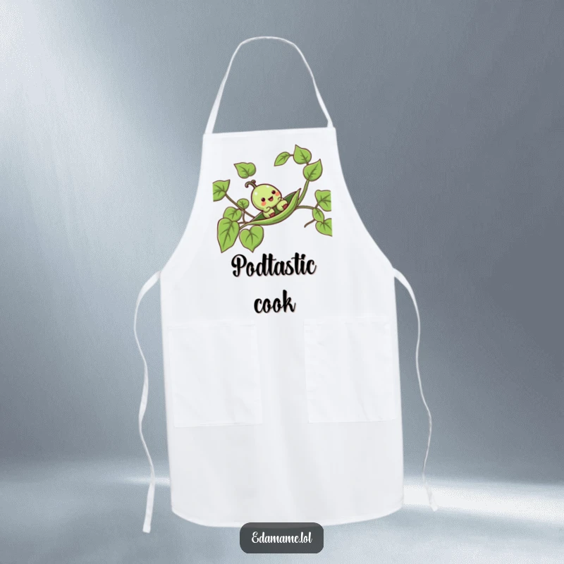 Funny pea pod apron with a happy anthropomorphic pod sliding down a leafy vine, ideal for kitchen fun.