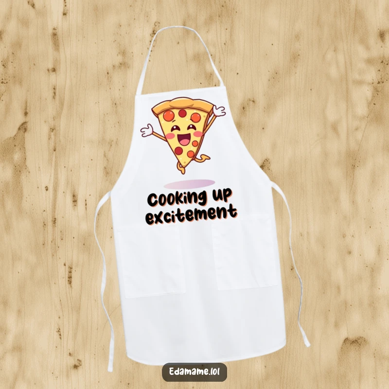 Funny Pizza Slice Apron with a character jumping for joy, perfect for chefs who love to cook and have fun.