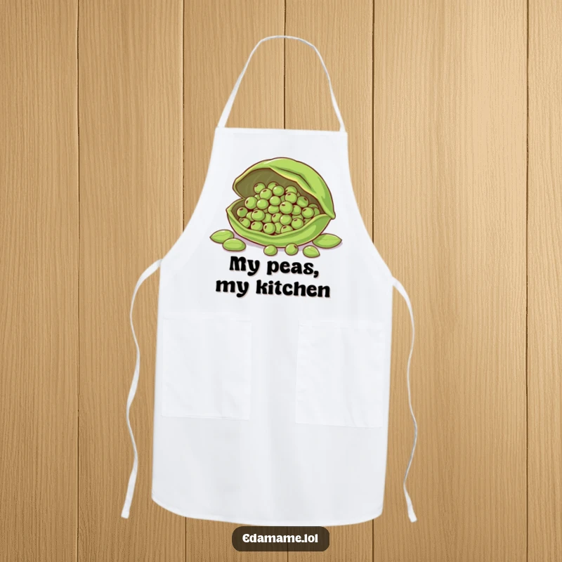 Funny apron design of a large edamame pod watching over smaller beans, bringing humor to cooking.