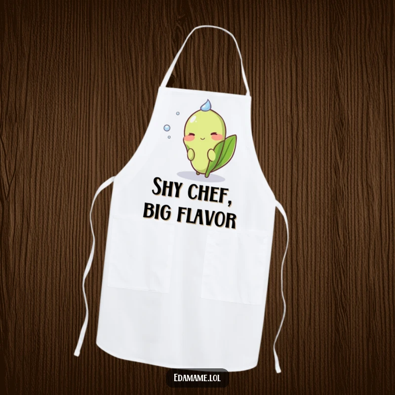 Funny Shy Edamame Apron showing a blushing green pod peeking bashfully, adding sweet humor to the kitchen.