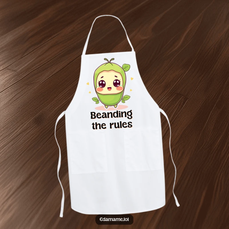 Funny surprised edamame pod apron, showing a shocked yet happy green bean character with big, wide eyes, ready to cook.