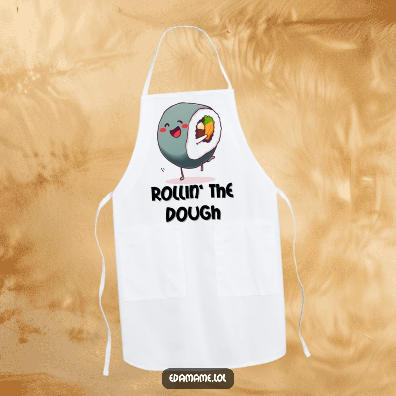 Funny Sushi Roll Apron with a delighted Sushi performing a cartwheel, ideal for cooking with a smile
