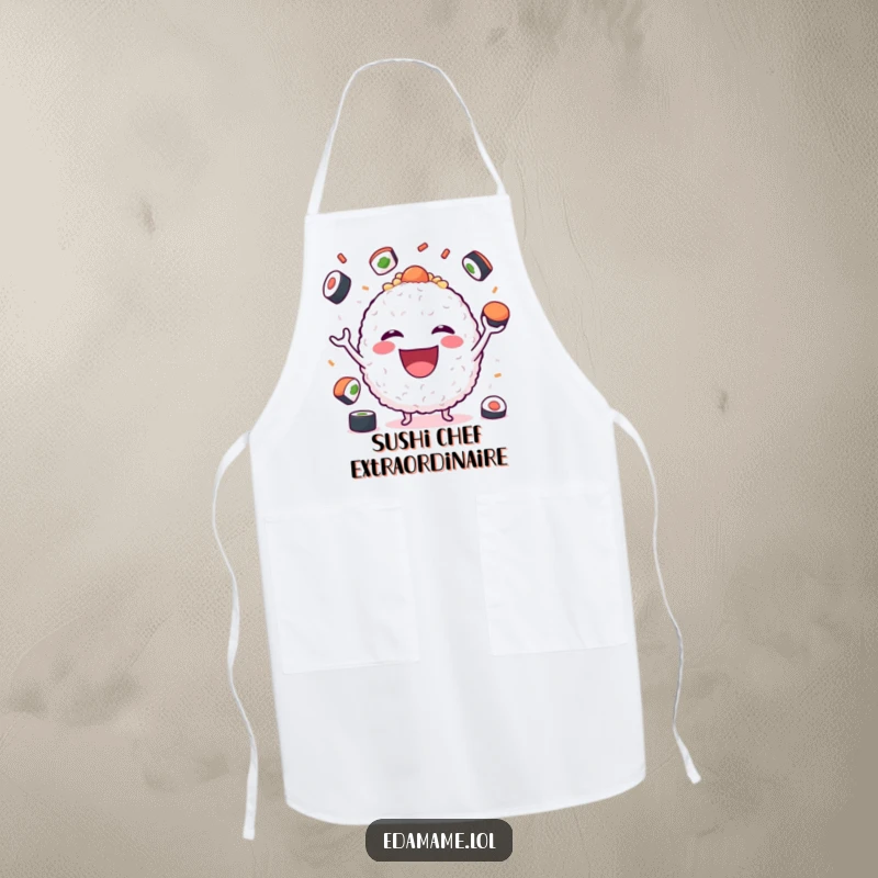 Funny Apron featuring a happy rice ball character juggling sushi, ideal for a humorous cooking experience.