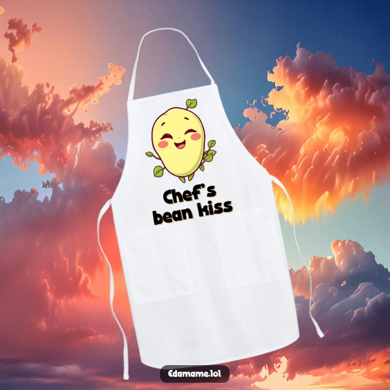 Funny apron showcasing a happy, winking edamame bean, designed for kitchen fun and protection.