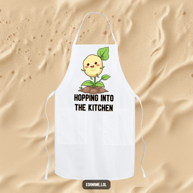 Funny pod hopping apron featuring a happy plant character with tiny legs, adding cheerful botanical humor to tasks.
