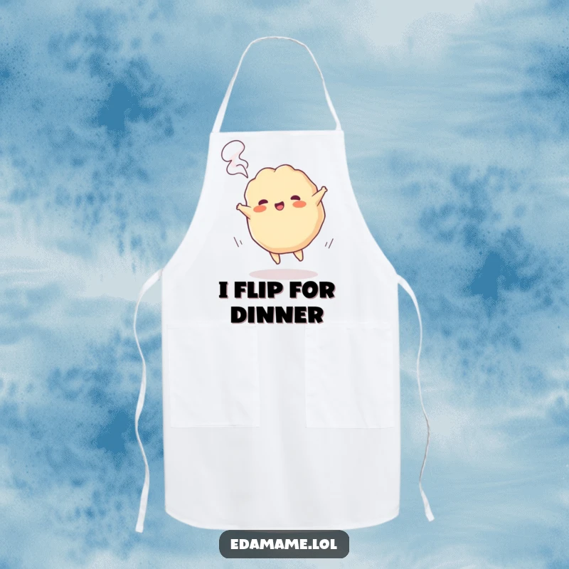 Funny apron featuring a playful gyoza character doing a cartwheel with steam, perfect for the energetic cook.