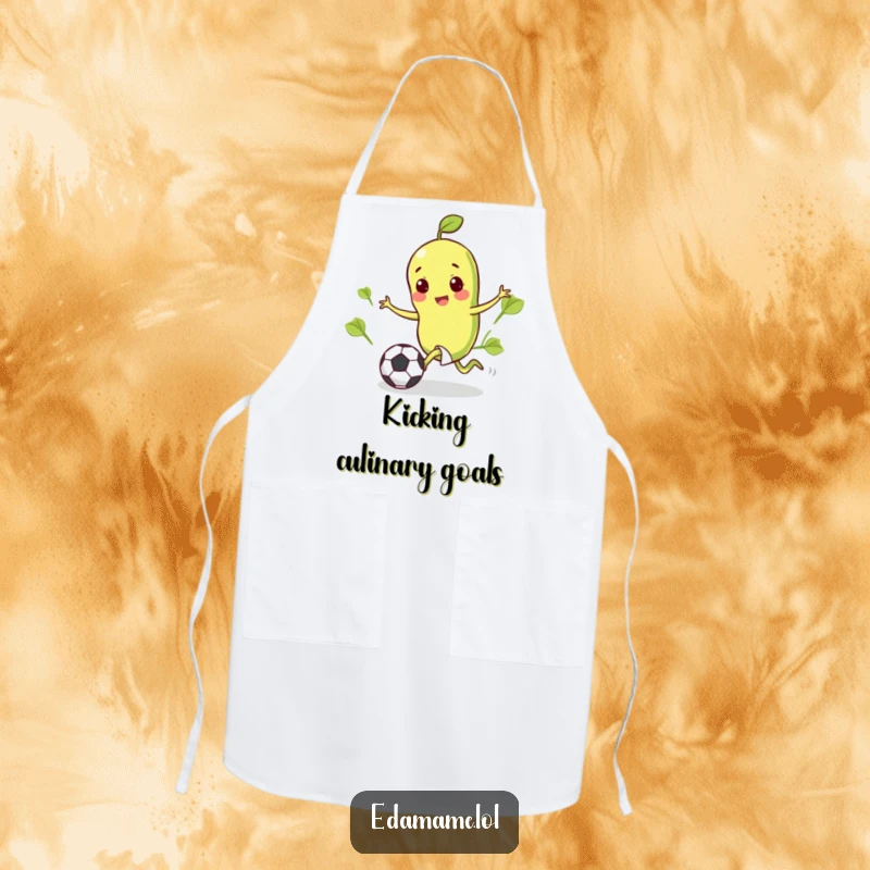 Funny apron illustration of a happy edamame bean kicking a tiny soccer ball, ready for kitchen action.