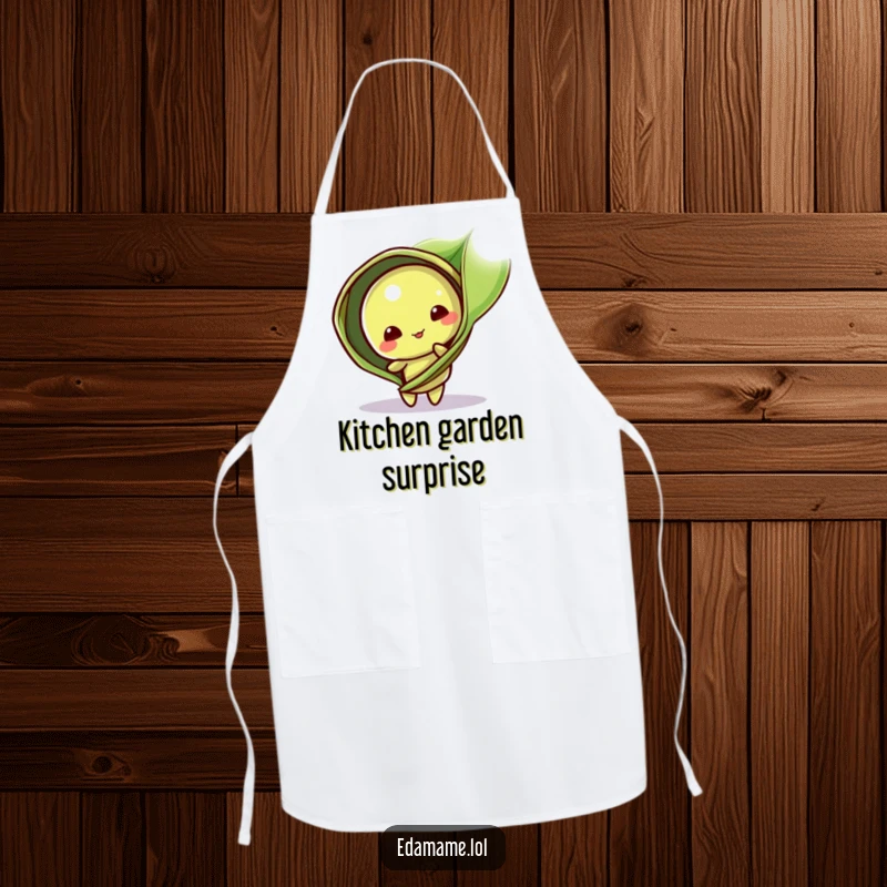 Funny Apron: A playful edamame pod character peeks from behind a leaf, adding a cute and humorous element to cooking.
