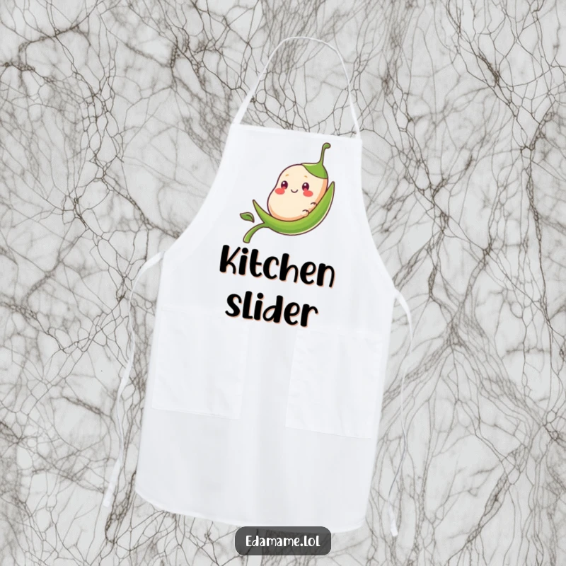 Funny bean pod character sliding down a stalk, illustrated on a functional and humorous kitchen apron.