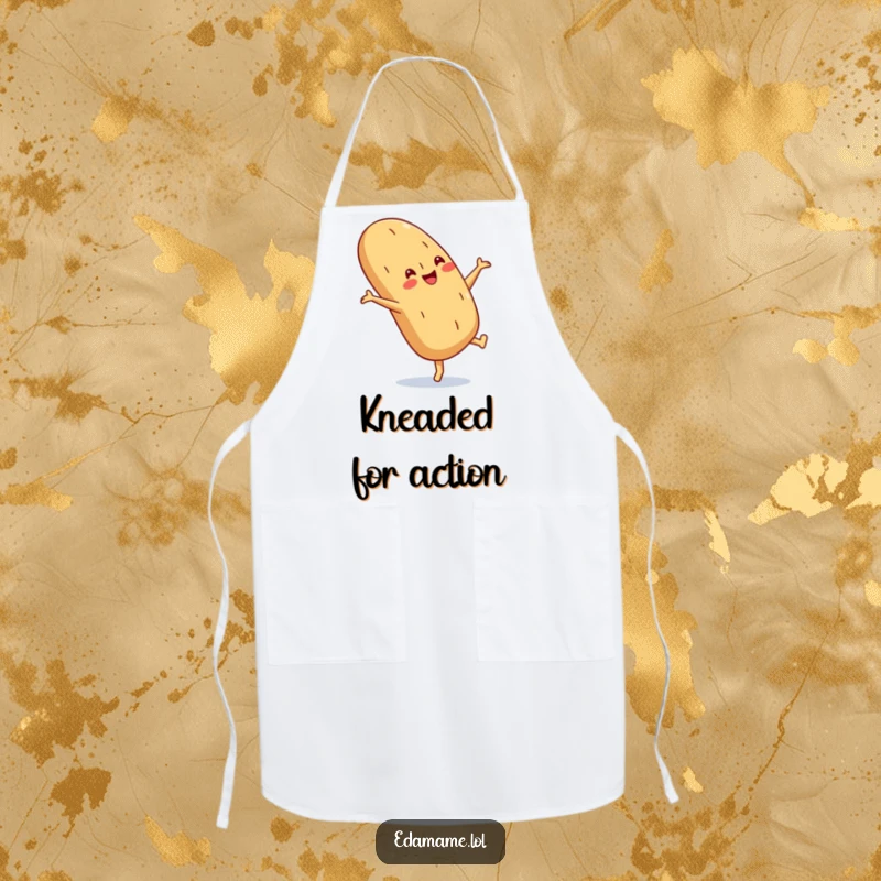 Funny Baguette Apron with a crusty smile doing a cartwheel, designed for a fun and humorous baking experience.
