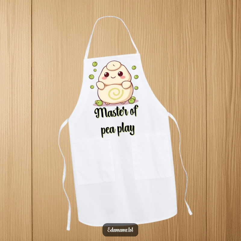 Funny apron depicting a happy dumpling with a swirl pattern juggling peas, adding a cheerful and protective element for culinary artistry.