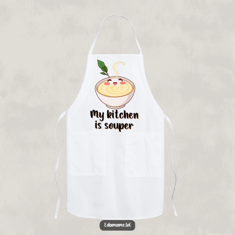 Funny apron featuring a gleeful dashi broth character swirling happily in a bowl, ideal for cooks who love flavor and fun.