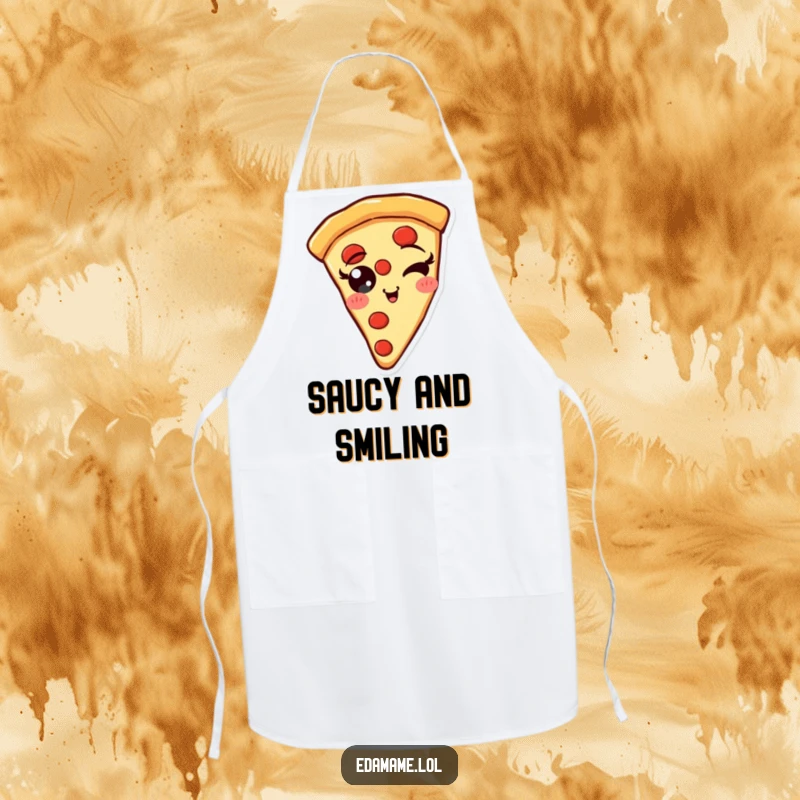 Funny Pizza Slice Apron with pepperoni eyes winking, designed for a fun and humorous cooking experience.
