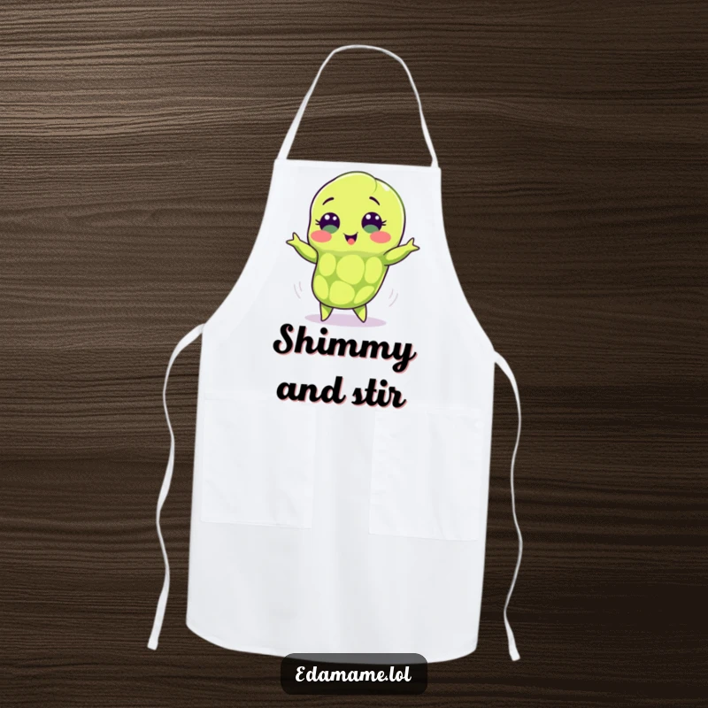 Funny edamame apron showing a green pod with sweet eyes performing a happy shimmy, perfect for a humorous and practical kitchen accessory.