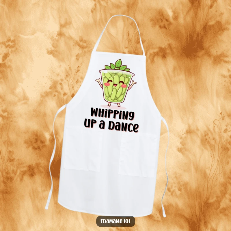Funny apron featuring a smiling cup of edamame performing a cheerful dance while cooking, perfect for kitchen fun.