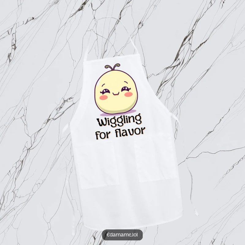 Funny apron showing a happy bean pod with wide eyes wiggling, perfect for cooking with fun.
