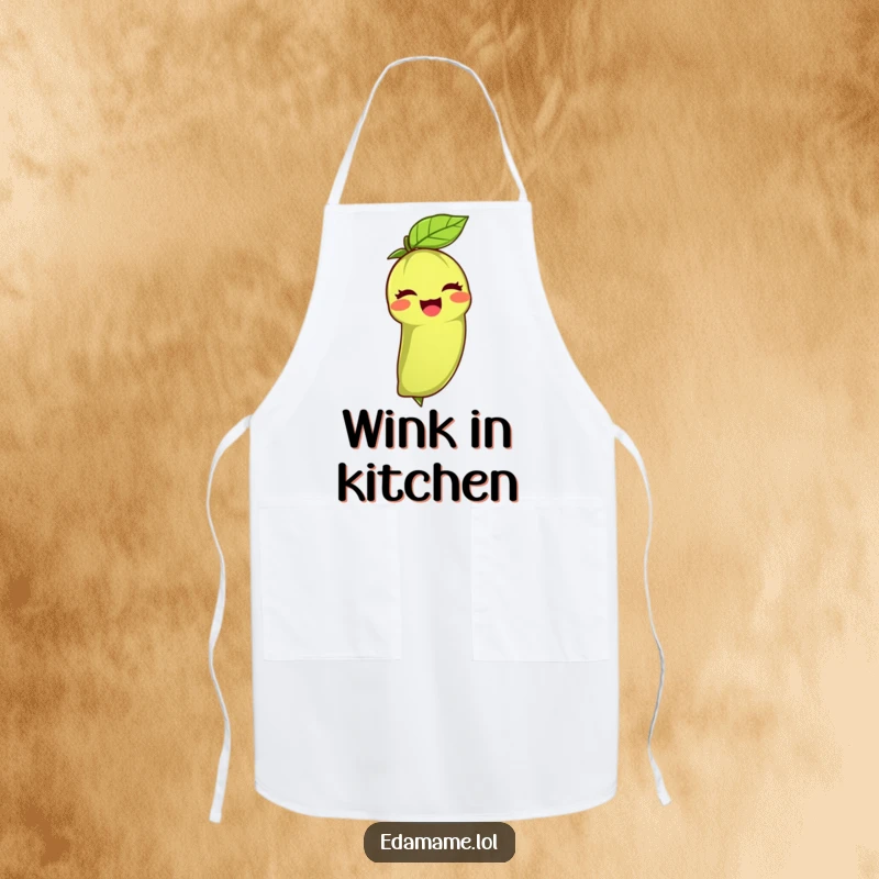 Funny apron featuring an edamame bean winking with its leafy top, perfect for adding cheer and protection while cooking.