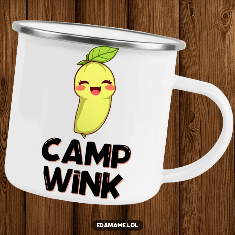 Funny camping mug featuring an edamame bean giving a wink with its leafy top, perfect for enjoying beverages in the great outdoors.
