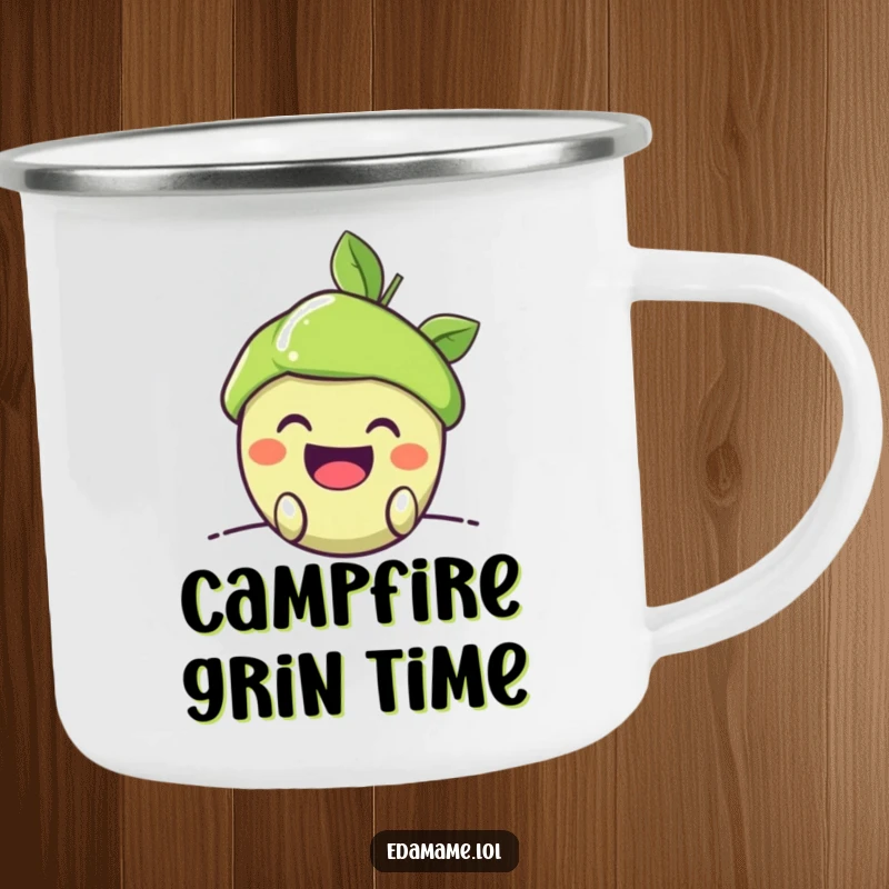 Funny Camping Mug: A happy edamame pod peeking out with a mischievous grin, ready for adventures with a playful and humorous design.