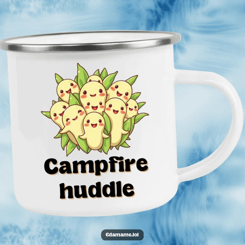 Funny camping mug with a group of edamame beans in a cozy huddle, bringing a sense of community to outdoor settings.
